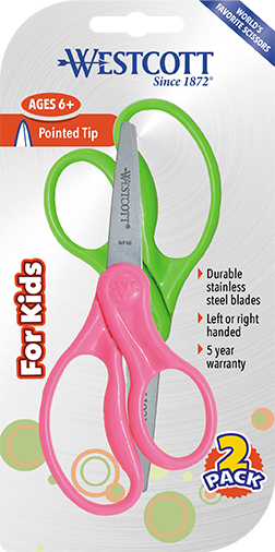 Westcott 5" Hard Handle Kids Scissors 2pk, Pointed (13132)