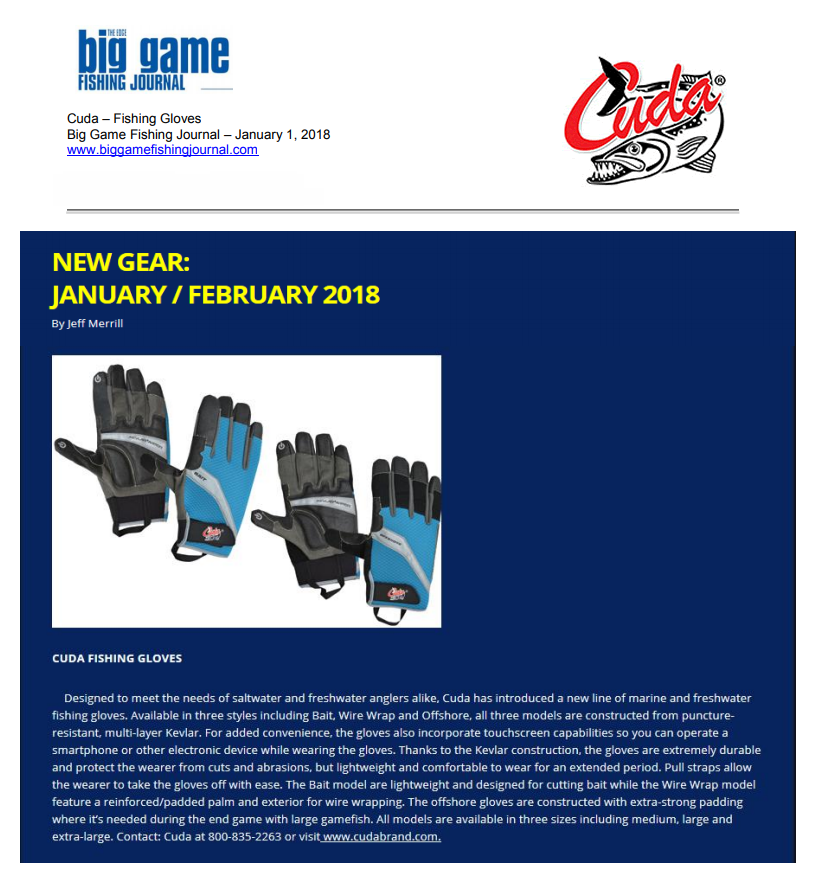 Cuda Fishing Gloves - Featured in Big Game Fishing Journal January 1, 2018